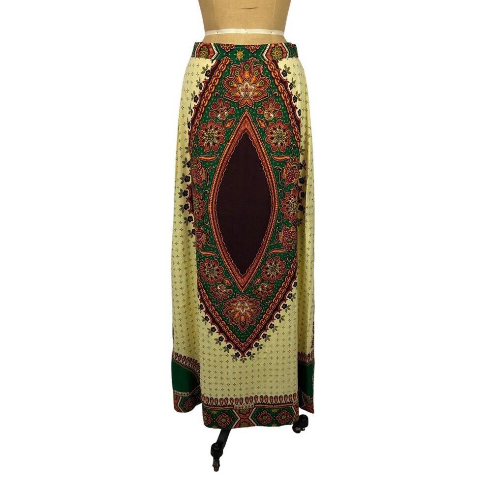 Vintage 70s Ethnic Skirt Womens M Medallion Cotton Print Maxi Hippie Boho Flamen - Picture 2 of 10